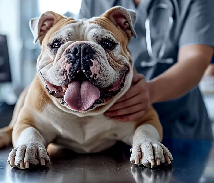 bulldog lies at table at animal hospital