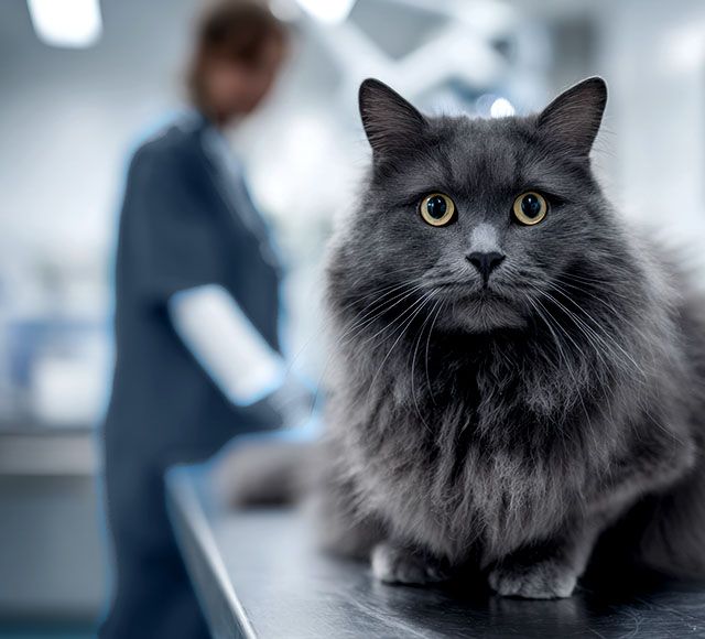 fluffy gray cat sitting calmly at metal table at veterinary clinic
