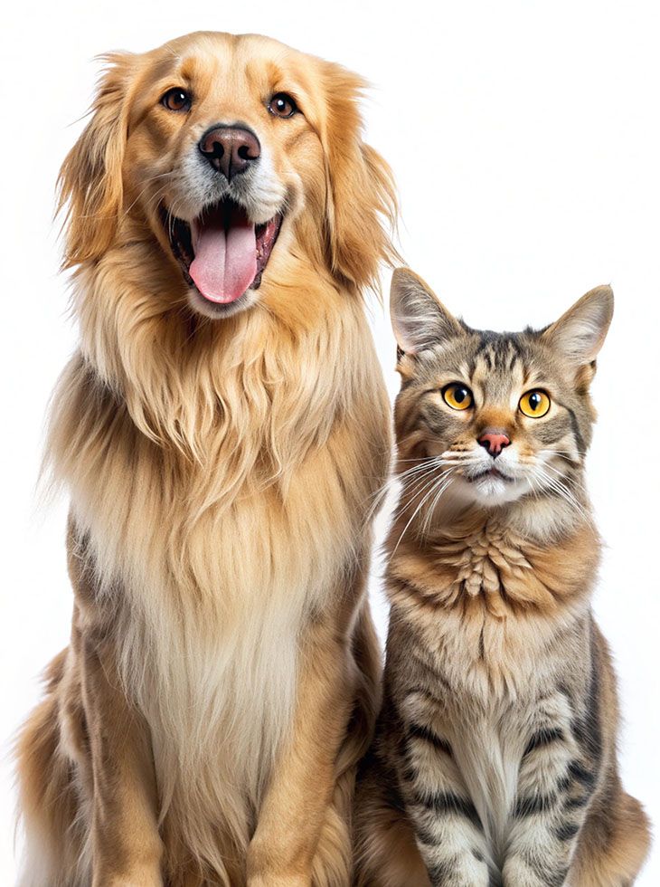 happy golden retriever dog with maine coon cat